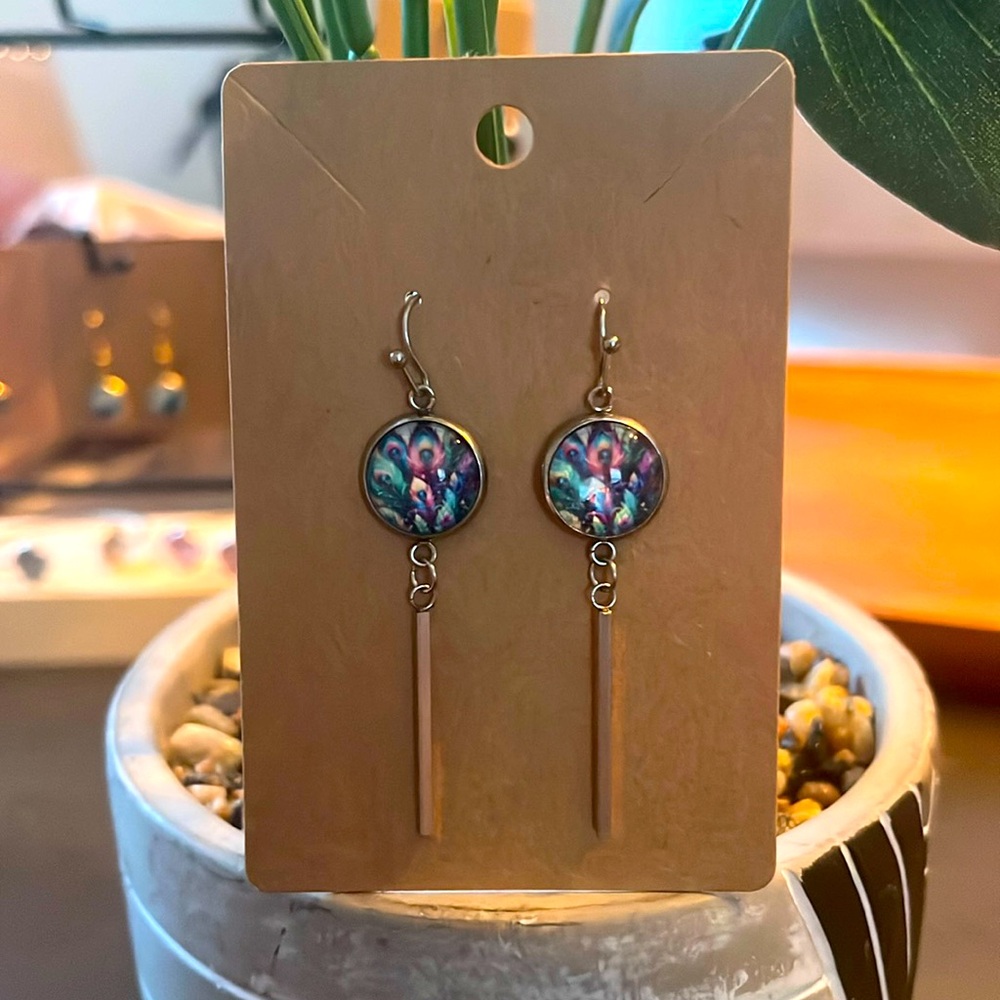 Hand Crafted Neon Peacock Feather Design Drop Earrings